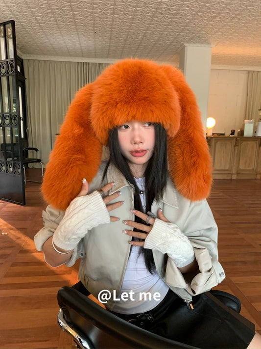 Orange Plush Bunny Ear Hat – Cute Long-Eared Fleece Cap