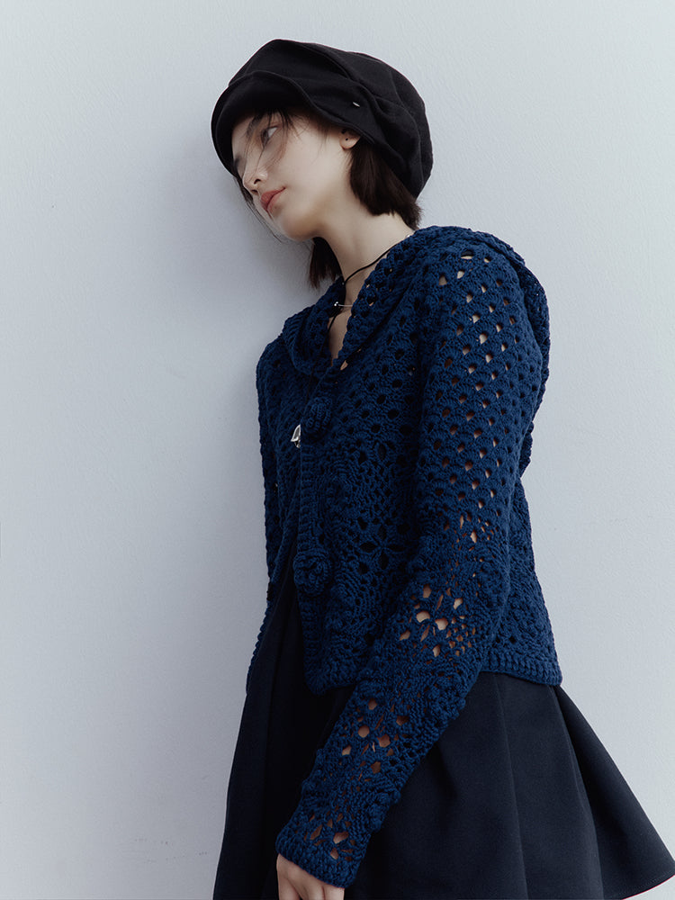 FUSSED Garden Midnight Garden Hand-Crocheted 3D Rose Knit Cardigan – Dusky Blue Cotton FOF-25SS176