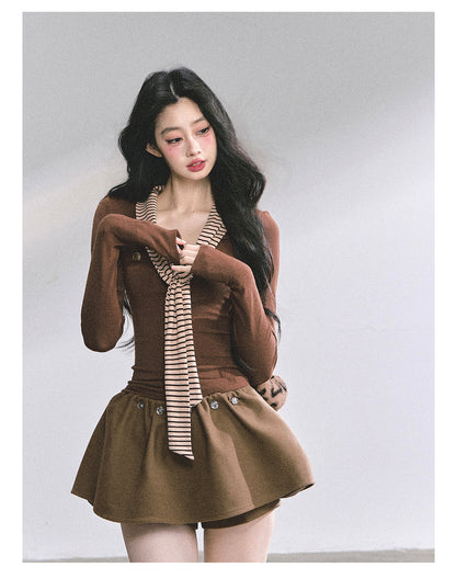 少也眼 "High-Mind Lady" American-Style Tee with Striped Neck Tie - Coffee 145846315