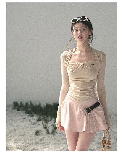 “Soft Evening Breeze” Milk Tea Layered Halter Top