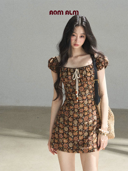 "Wildflowers & Freedom" Mocha Mousse Floral Puff Sleeve Mini Dress
