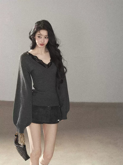 AOMALM - "Flowing River" Charcoal Gray V-Neck Ribbed Knit Sweater