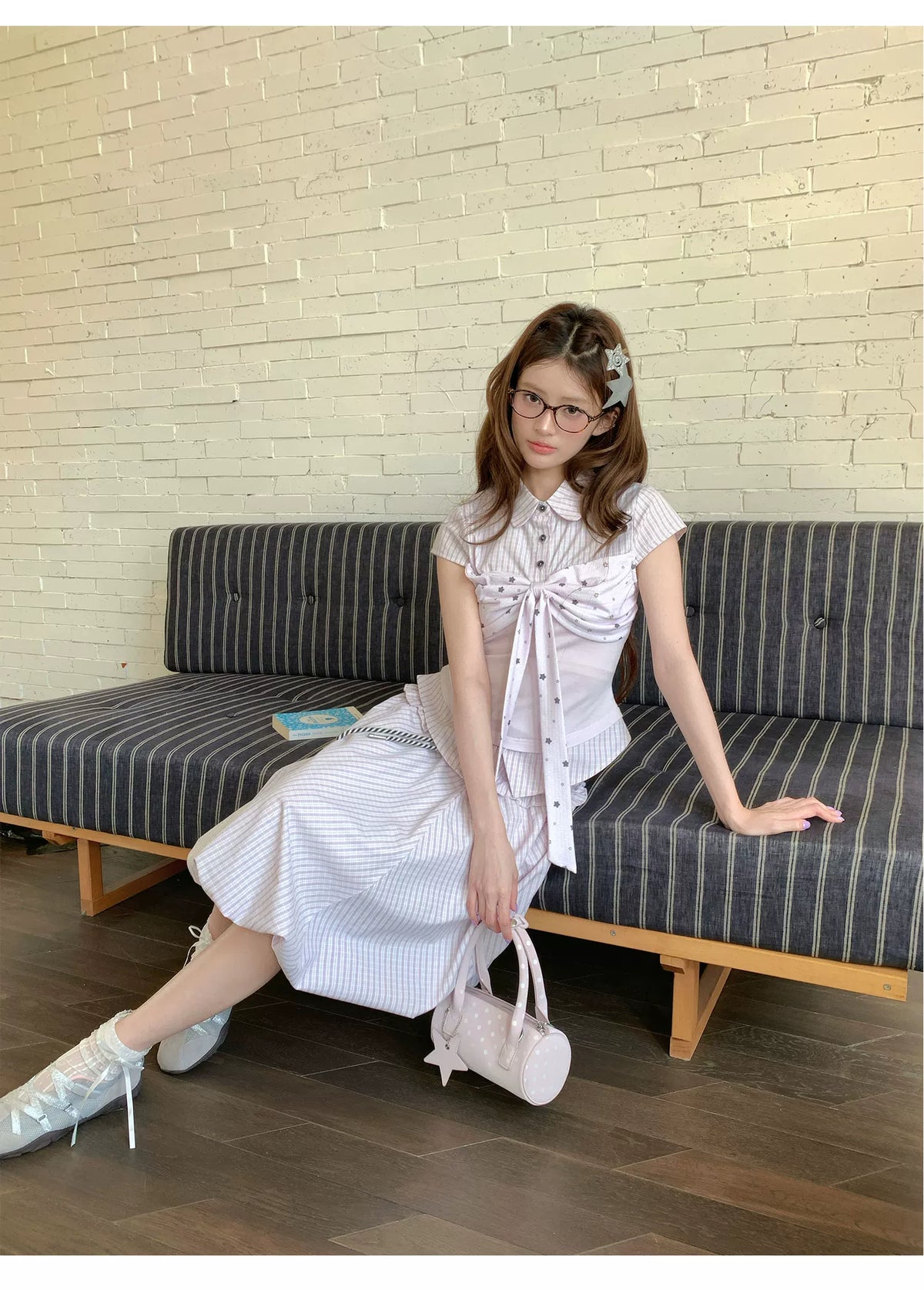 [RF] “Milk Taro Fizz” Soft Purple Striped Blouse & Bloom Skirt Set (Light Blue / Lavender)