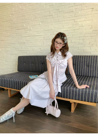 [RF] “Milk Taro Fizz” Soft Purple Striped Blouse & Bloom Skirt Set (Light Blue / Lavender)