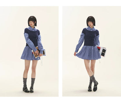 "Holiday Blues" Blue Plaid Bow Shirt Mini Dress