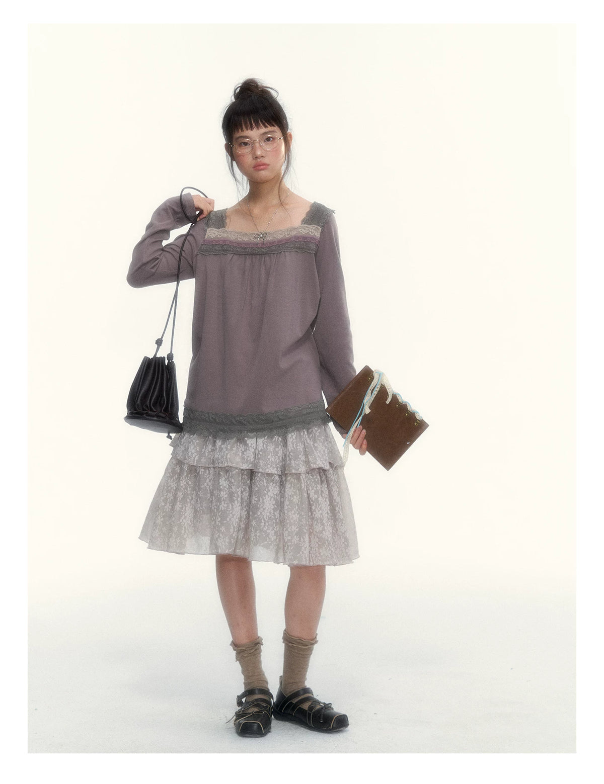 Gray Purple Lace-Trimmed Square-Neck Long-Sleeve T-Shirt