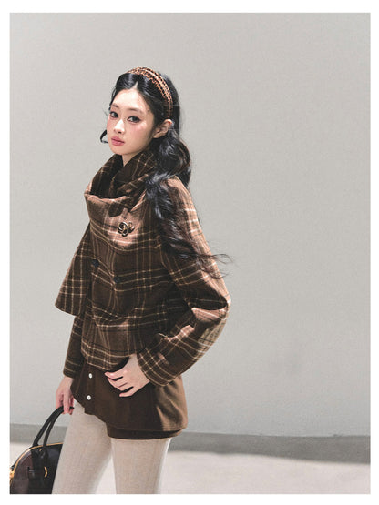 少也眼 “Twilight Forest" Woolen Oversized Coat - Plaid Brown