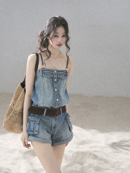"A Walk by the Sea" Collegiate Blue Denim Utility Romper (With Belt)