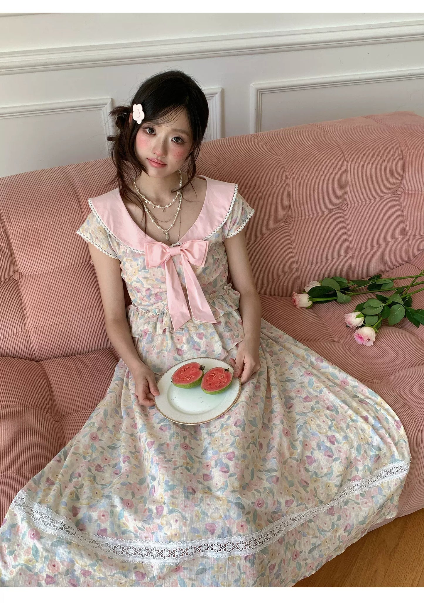 “Peach Blossom Ballad” Pink Floral Lace Maxi Dress