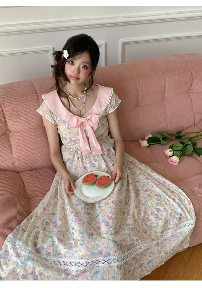 “Peach Blossom Ballad” Pink Floral Lace Maxi Dress