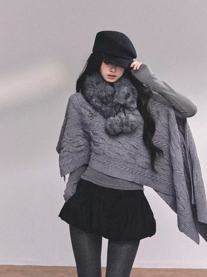 少也眼 British-Inspired Loose Fit Knit Cape