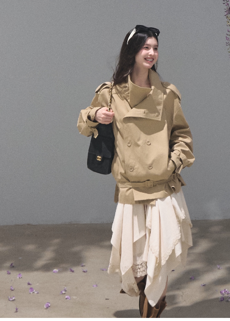 OAKMOO/ Belted Double-Breasted Trench Jacket (Deep Black / Hazel Khaki)