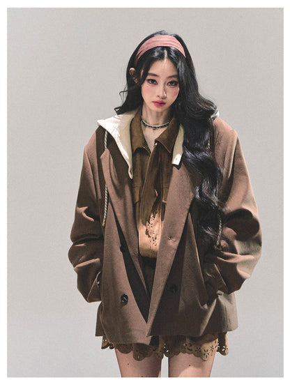 少也眼 "Minimal Silhouette" Hooded Blazer - Coffee Brown