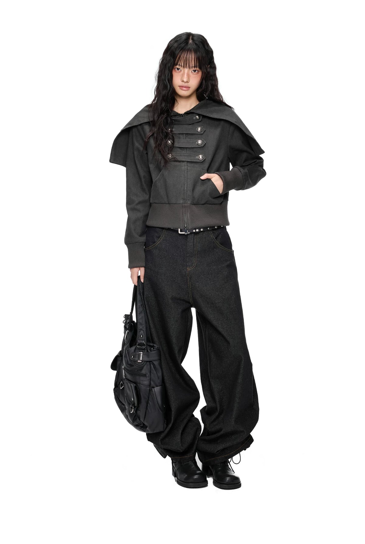 EZEK | Cropped Hooded Sweatshirt Jacket with Double Metal Snap Closure (Black / Gray)