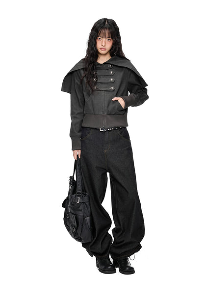 EZEK | Cropped Hooded Sweatshirt Jacket with Double Metal Snap Closure (Black / Gray)