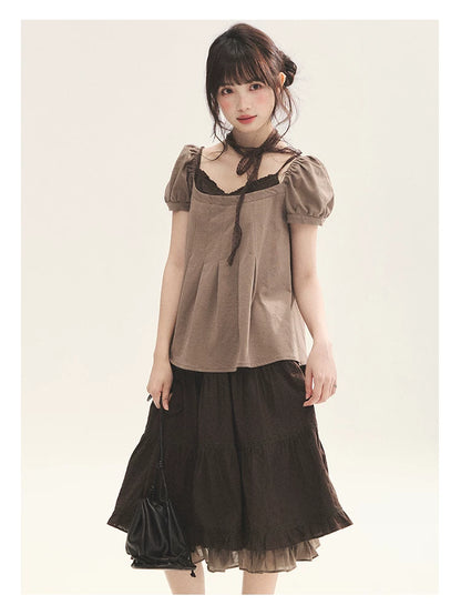 "Tea Brown Reverie" Tea Brown Off-Shoulder Puff Sleeve Knit Top