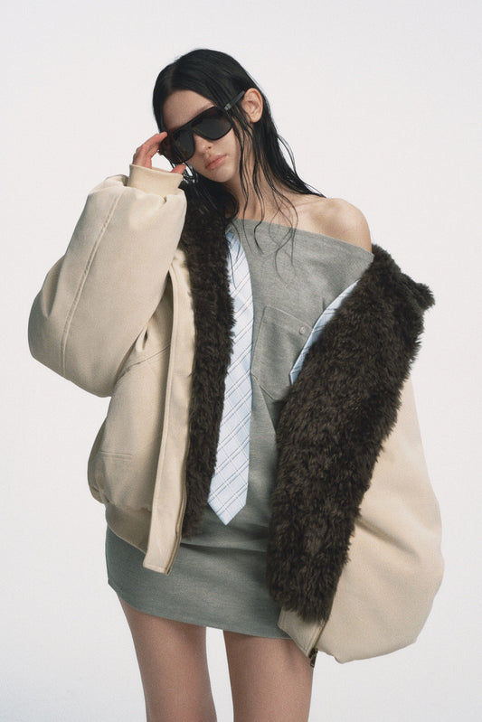 Muirgen - Ivory Reversible Faux Suede Shearling Jacket