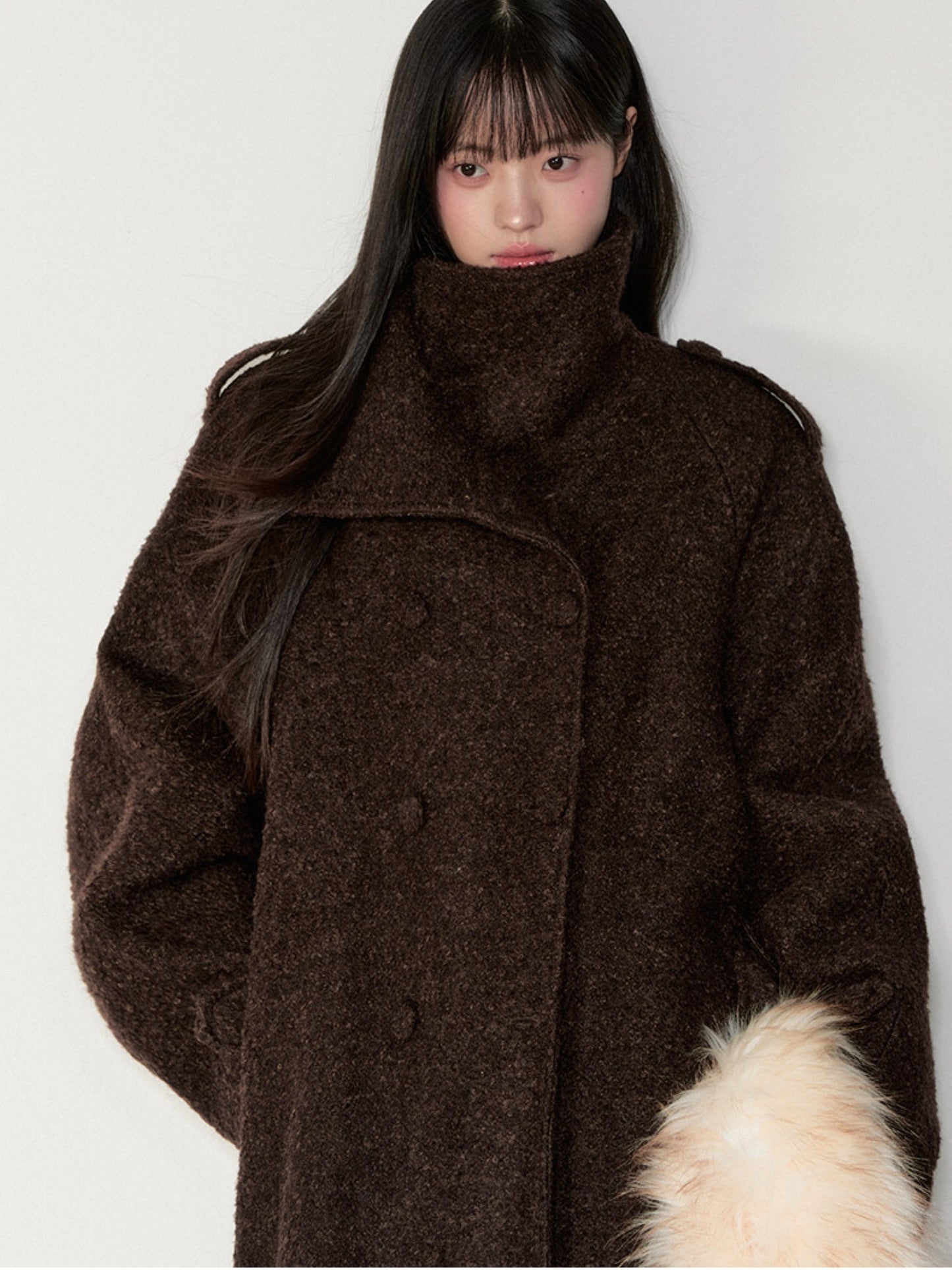 Soote Season - Deep Roast Brown Korean-Inspired Lady Collar Bouclé Long Wool Coat