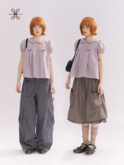 “Taro Milk Candy” Purple Plaid Bow Peter Pan Collar Puff Sleeve Blouse