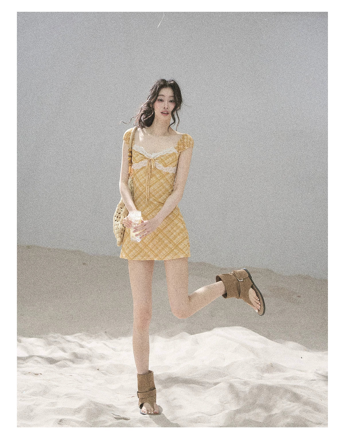 "Golden Wheat Whisper" Goose Yellow Lace Diamond Mini Dress