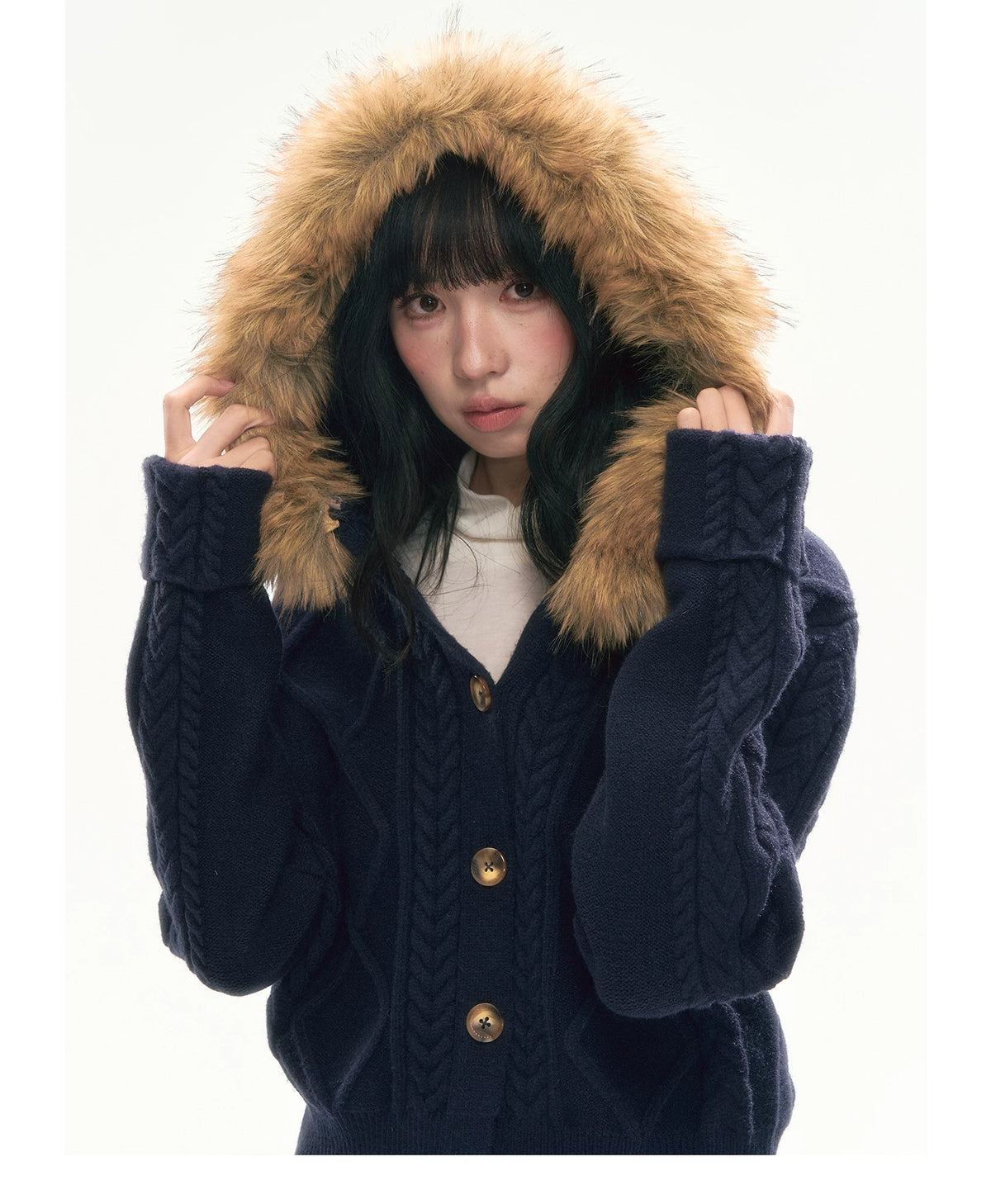 [CAN] Cable Knit Hooded Cardigan (Navy / Dusty Pink)