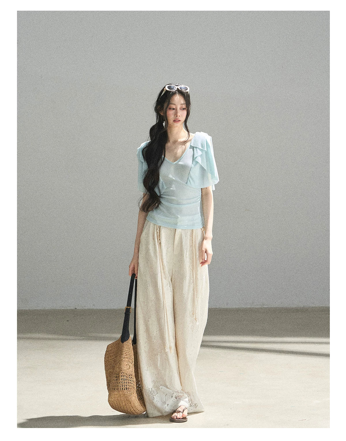 "Where Clouds Fall" Ruffle Sleeve V-Neck Crop Top (Forest Green/ Sage Gray/ Misty Blue/ Cinnamon Pink)