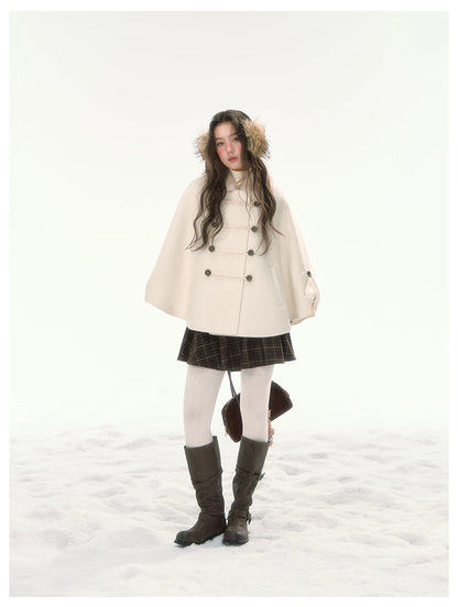 CANSTORE - "Pine Reverie" Ivory Wool-Blend Cape Coat with Faux Fur Collar