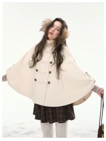 CANSTORE - "Pine Reverie" Ivory Wool-Blend Cape Coat with Faux Fur Collar