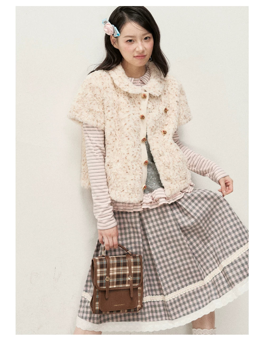 [RF] Gray & Pink Plaid A-Line Midi Skirt with Lace Trim
