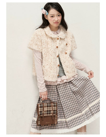 [RF] Gray & Pink Plaid A-Line Midi Skirt with Lace Trim