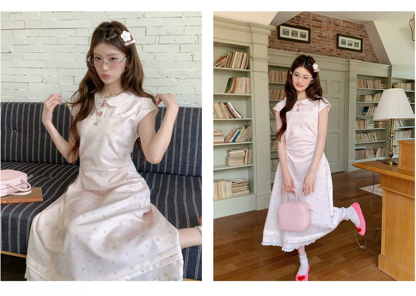“Rose Milk Reverie” Pink Doll Collar A-Line Dress