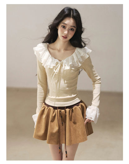 AOMALM - Oatmeal Ruffle Lace Knit Cropped Top