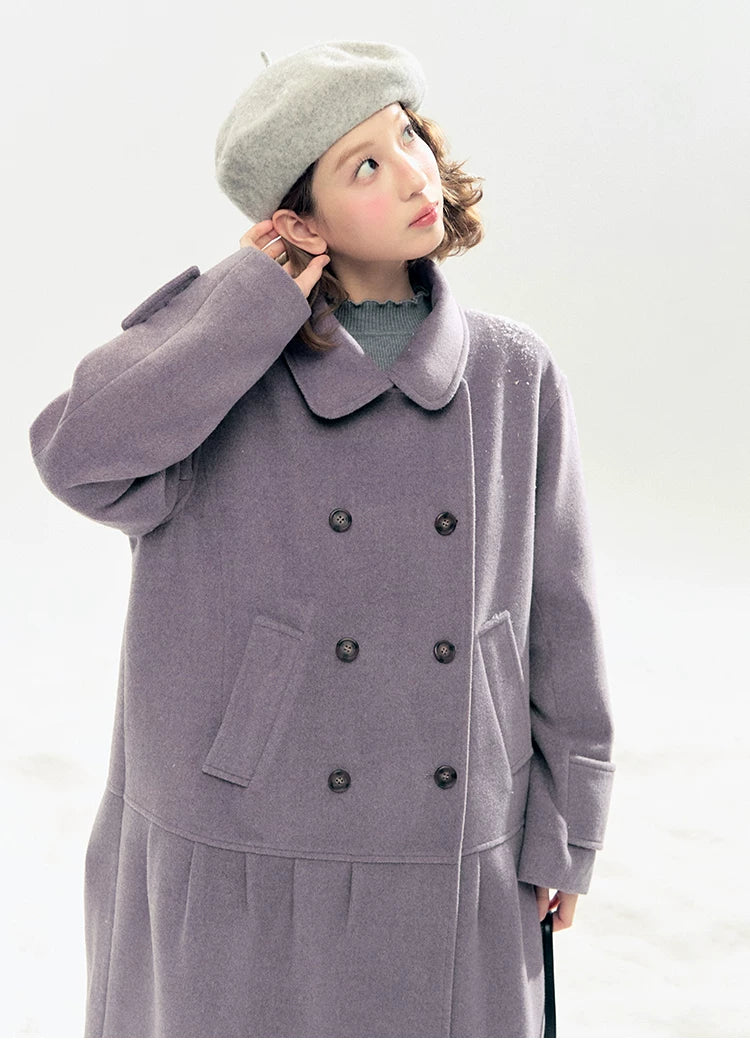 "Winter Chime" Double-Breasted Quilted Wool-Blend Coat (Smoky Purple/ Ash Gray)