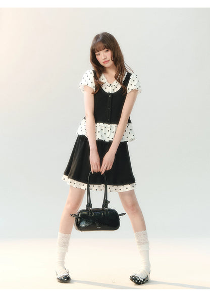 "Black Tea & Cream" Polka Dot Two-Piece Skirt Set SH2026202