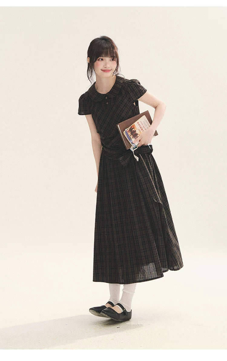 "Vintage Scholar" Black Brown Plaid Bow Tie Peter Pan Collar Maxi Dress