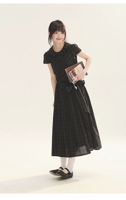 "Vintage Scholar" Black Brown Plaid Bow Tie Peter Pan Collar Maxi Dress