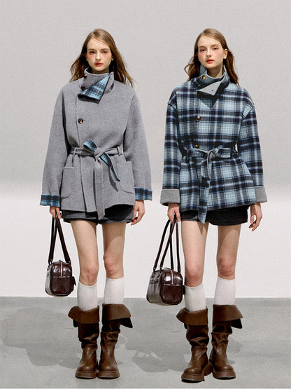BOHOL BLING - Reversible Plaid Wool Coat – Vintage Contrast Short Wool Jacket