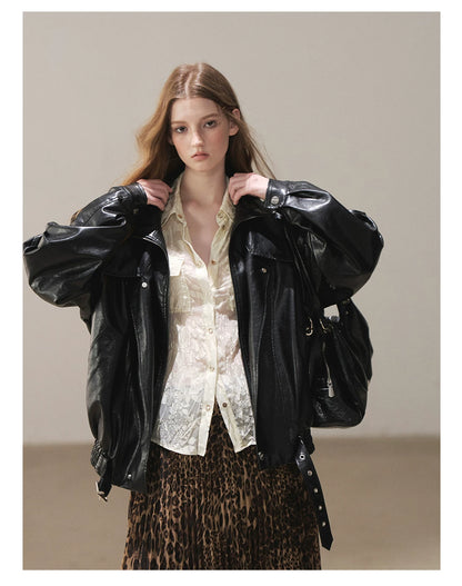 AOMALM - "Solo Journey" Quiet Black Oversized PU Moto Jacket