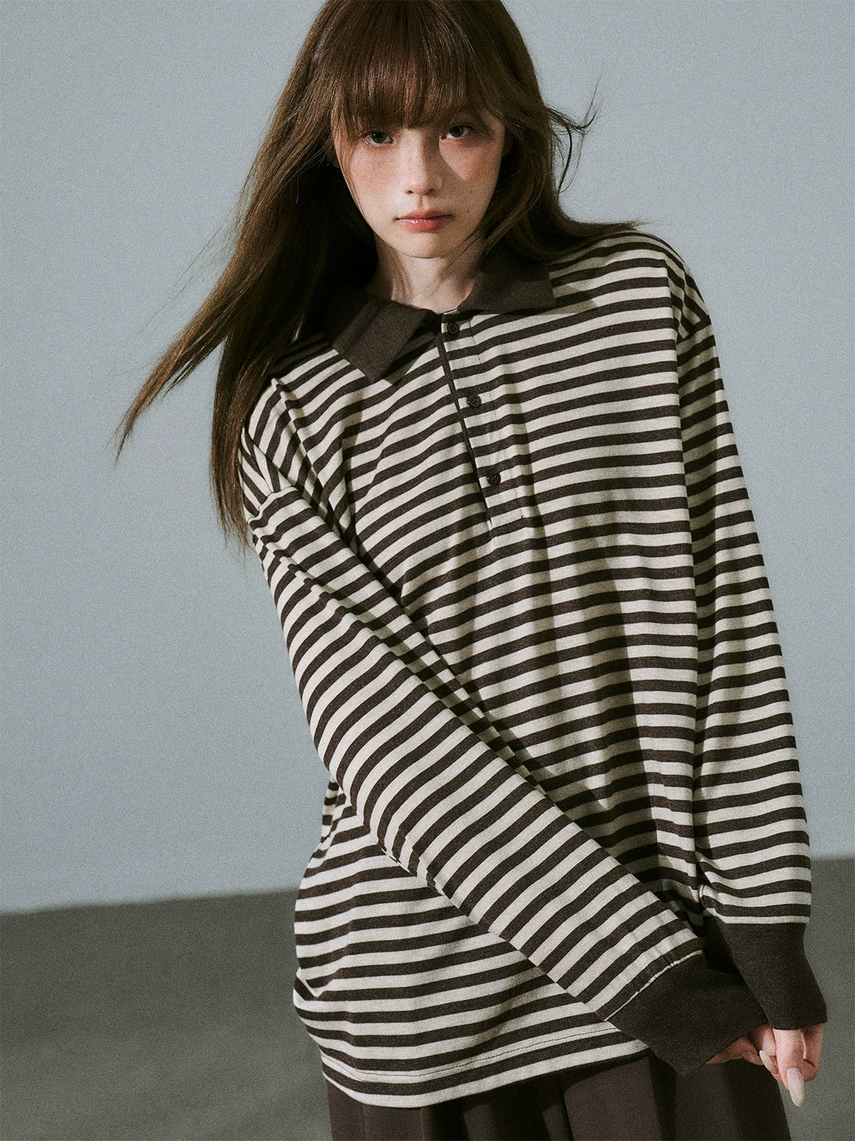 LOST FOREST - Brown Striped Polo Knit Top