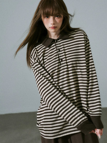 LOST FOREST - Brown Striped Polo Knit Top