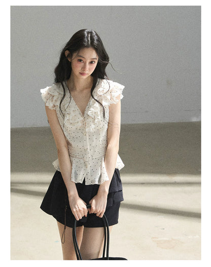 "Falling Into the Galaxy" Cream Ivory Polka Dot Chiffon Blouse