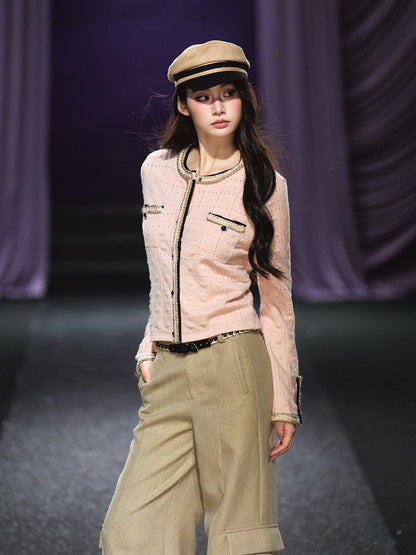 "Rosé Tweed" Pink Openwork Knit Cropped Cardigan