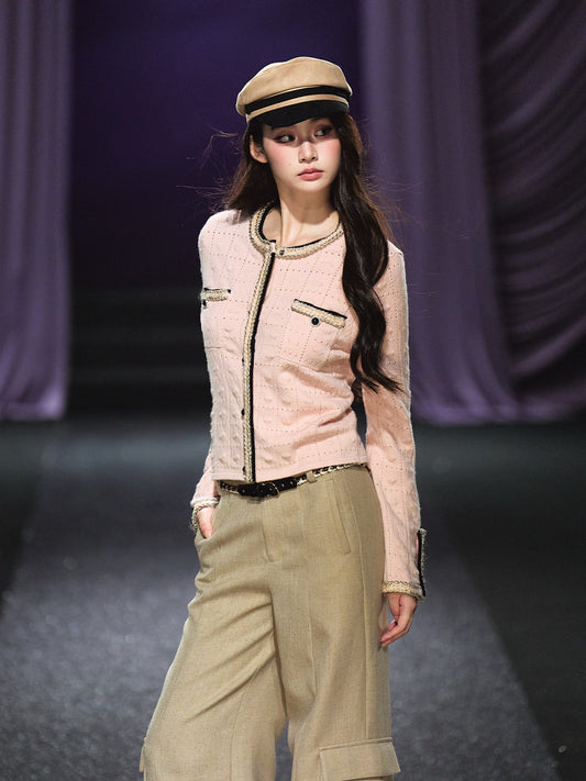 "Rosé Tweed" Pink Openwork Knit Cropped Cardigan