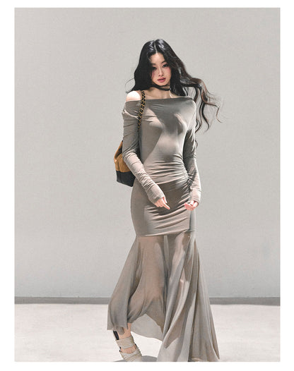 少也眼 "The Silent Heiress" Ash Camel Slim-Fit Evening Maxi Dress 76867845