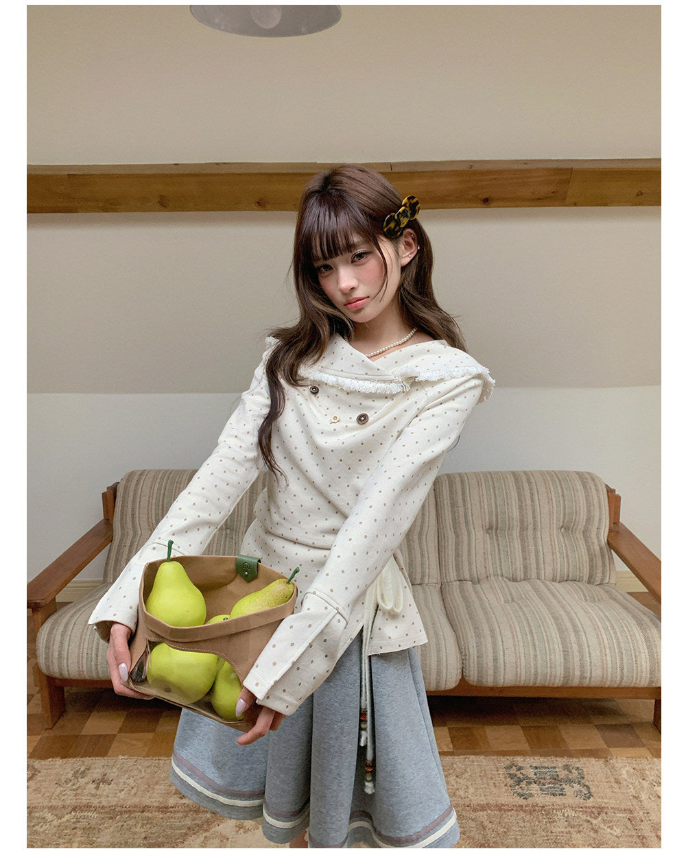 “Mocha Poetry Reverie” Ivory Polka Fringe Sweatshirt