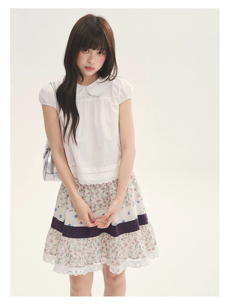 "Moonlight Grape" Vintage Floral Polka Dot Lace A-Line Skirt