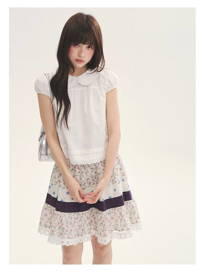 "Cotton Cloud" White Ruffle Collar Puff Sleeve Babydoll Top