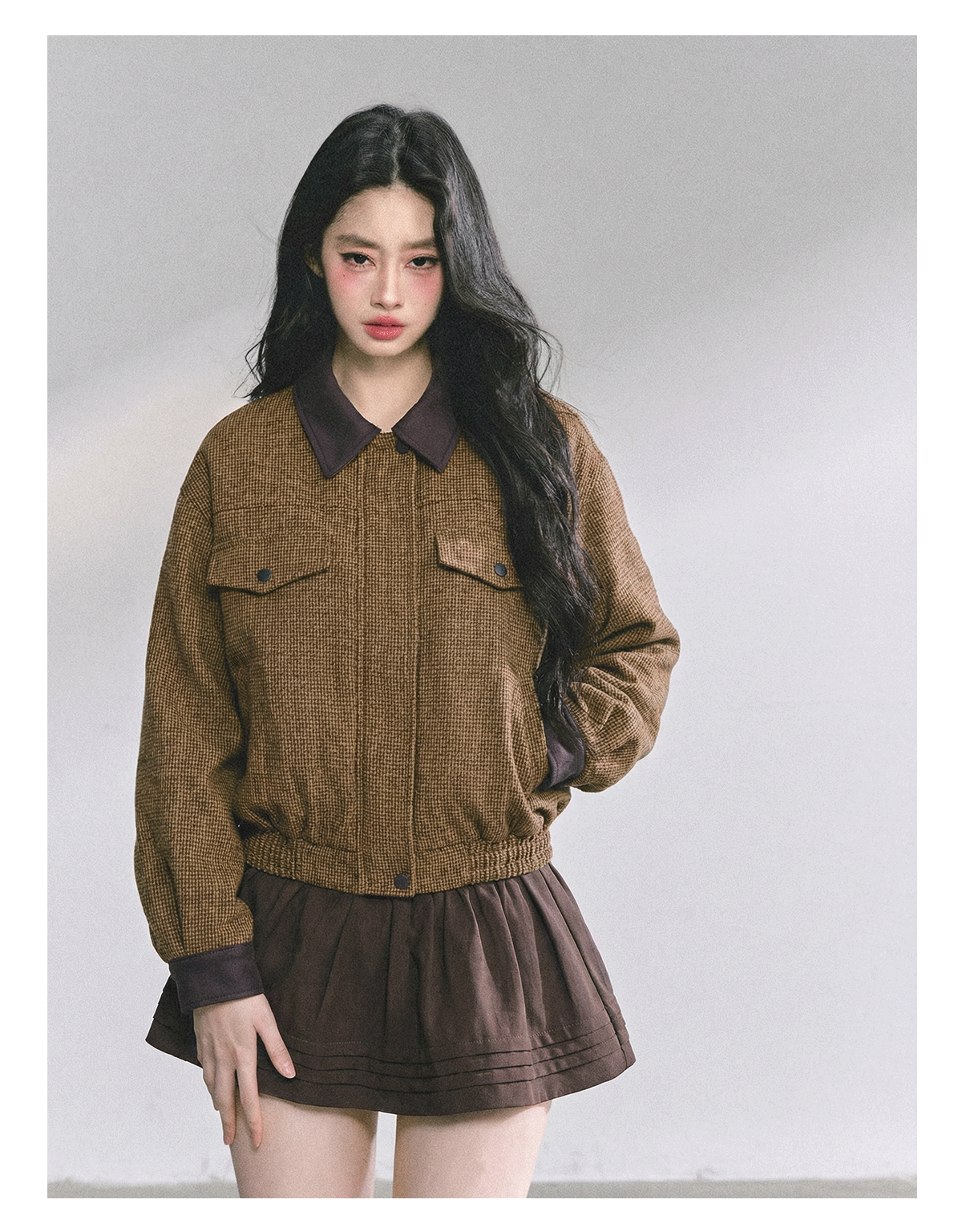 少也眼 "Falling Wutong Leaves" Hepburn Wool Tweed Two-Piece Set - Coffee Brown