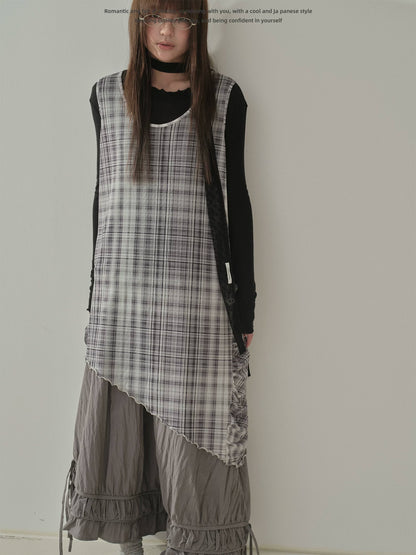 "Quiet Layers" Gray Plaid Mesh Layering Maxi Dress