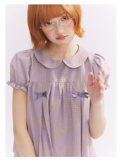 “Taro Milk Candy” Purple Plaid Bow Peter Pan Collar Puff Sleeve Blouse